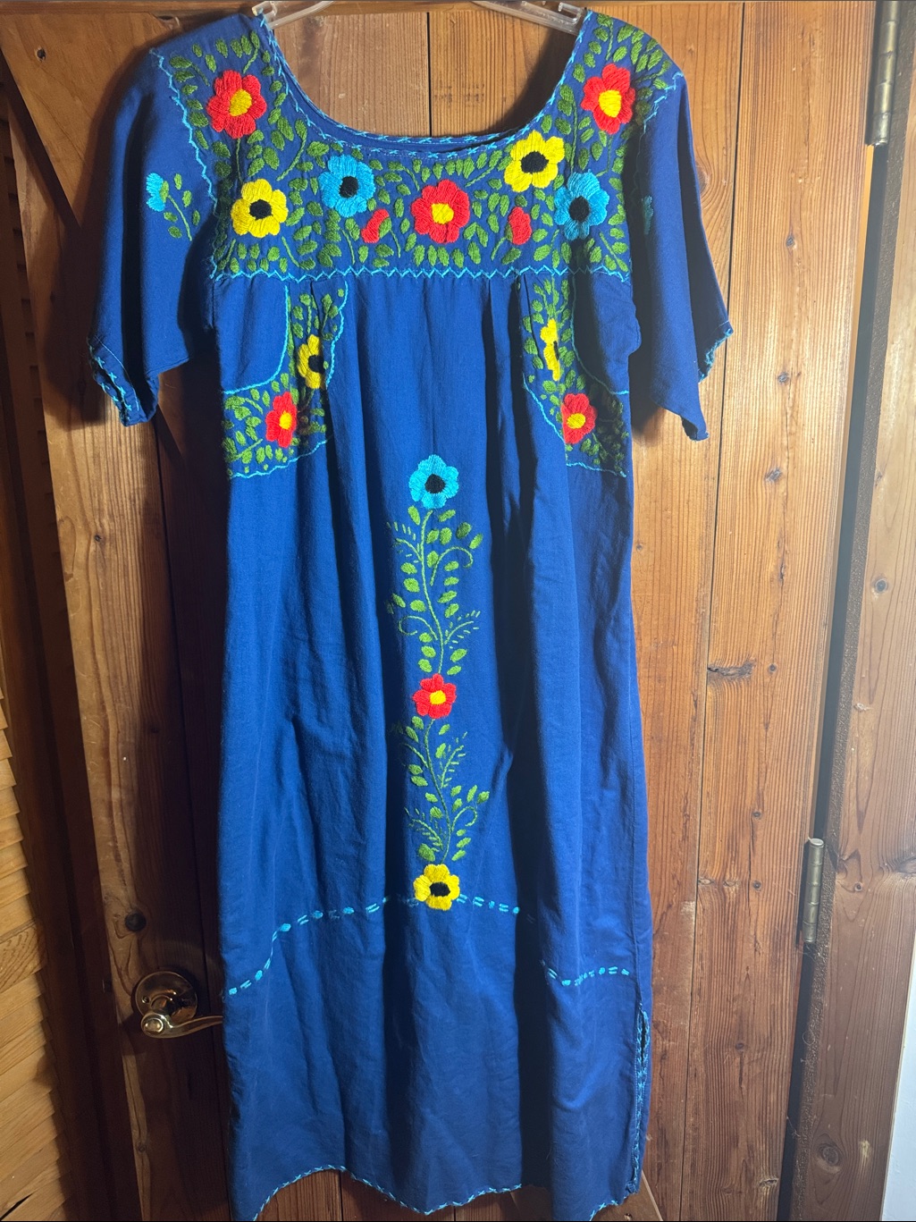 Vintage Mexican Floral Embroidered Blue Midi Dress